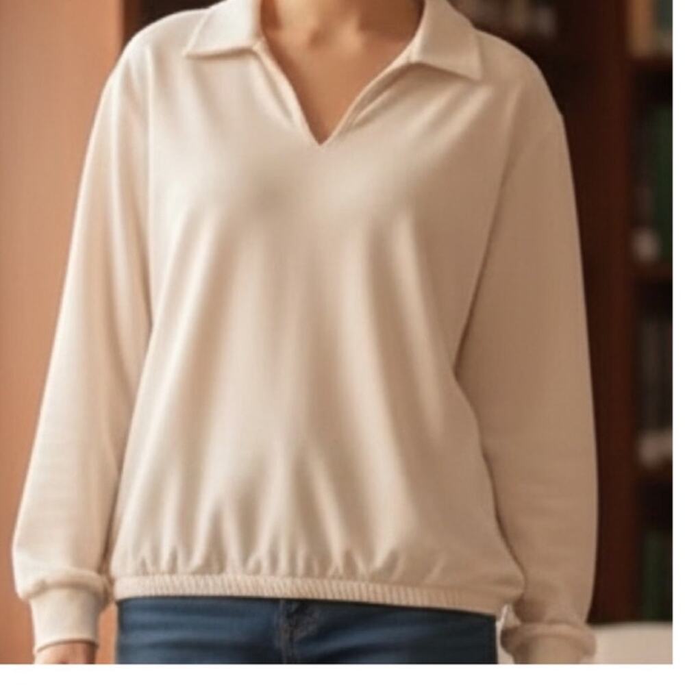 AYR Women Pullover Sweater XL Cream Collared Minimalist Comfy Relaxed Cozy Soft - Picture 2 of 10